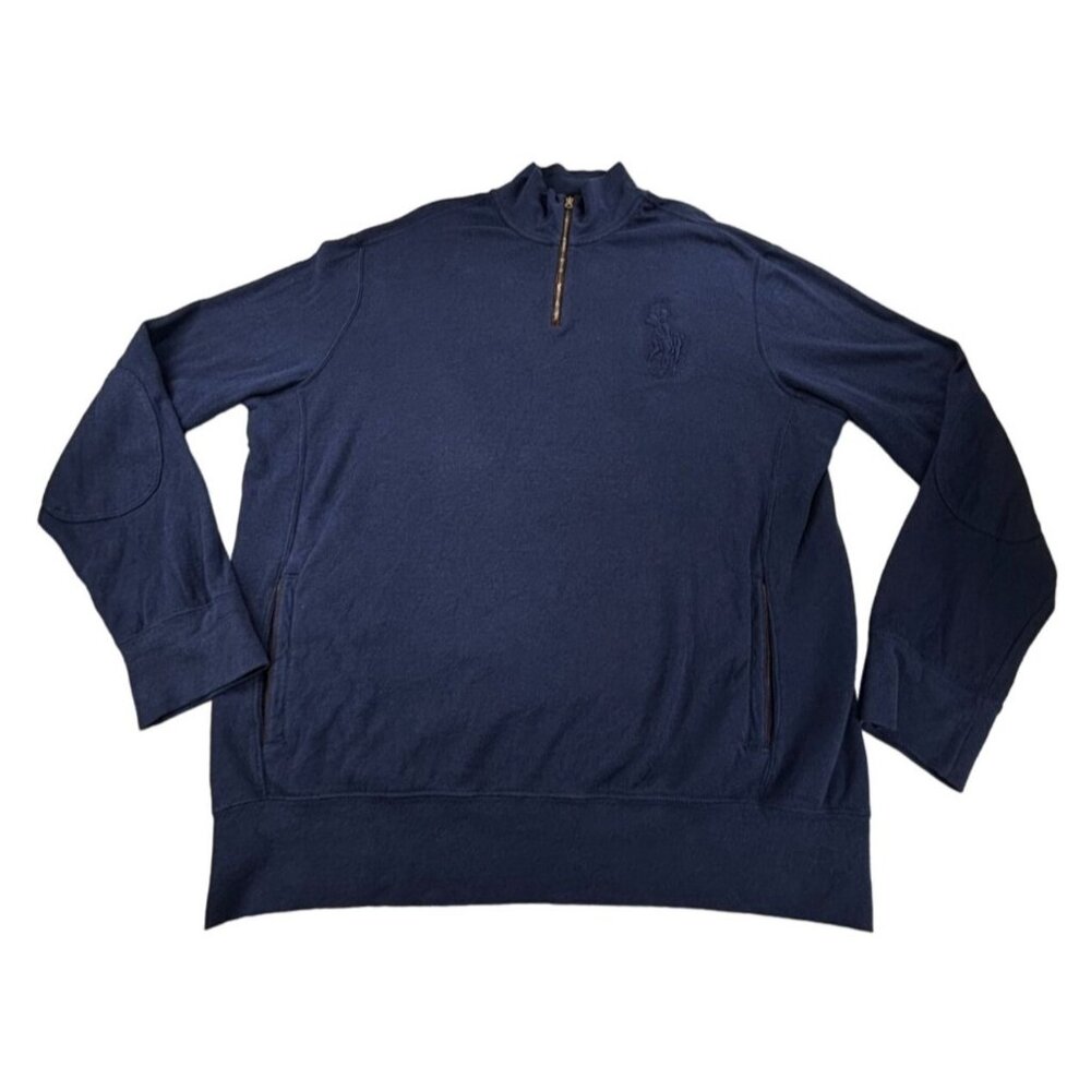 Vtg Polo Ralph Lauren Pullover Mens XL Navy Blue 1/4 Zip Elbow Patched Pockets